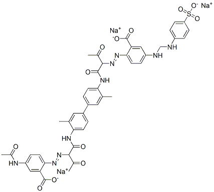 CAS 登录号：104744-49-2， 2-[[1-[[[4'-[[2-[[4-(乙酰氨基)-2-羧基苯基]偶氮]-1,3-二氧代丁基]氨基]-3,3'-二甲基[1,1'-联苯]-4-基]氨基]羰基]-2-氧代丙基]偶氮]-5-[[[(4-磺基苯基)氨基]羰基]氨基]-苯甲酸三钠盐