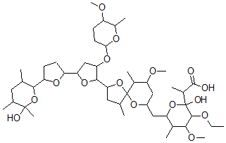 CAS 登录号：110368-36-0， 2-[3-乙氧基-2-羟基-6-[[2-[5-[5-(6-羟基-3,5,6-三甲基四氢吡喃-2-基)四氢呋喃-2-基]-3-(5-甲氧基-6-甲基四氢吡喃-2-基)氧基四氢呋喃-2-基]-9-甲氧基-4,10-二甲基-1,6-二氧杂螺[4.5]癸烷-7-基]甲基]-4-甲氧基-5-甲基四氢吡喃-2-基]丙酸