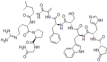 CAS 登录号：114681-51-5， (2S)-N-[(2S)-1-[[(2S)-1-[[(2S)-1-[[(2S)-1-[[3-[[(2S)-1-[[(2S)-1-[(2S)-2-[(2-氨基-2-氧代乙基)氨基甲酰]吡咯烷-1-基]-5-(二氨基亚甲基氨基)-1-氧代戊烷-2-基]氨基]-4-甲基-1-氧代戊烷-2-基]氨基]-3-氧代丙-1-烯-2-基]氨基]-1-氧代-3-苯基丙烷-2-基]氨基]-3-羟基-1-氧代丙烷-2-基]氨基]-3-(1H-吲哚-3-基)-1-氧代丙烷-2-基]氨基]-3-(3H-咪唑-4-基)-1-氧代丙烷-2-基]-5-氧代吡咯烷-2-甲酰胺
