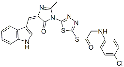 CAS 登录号：127227-40-1， S-[[5-[(4E)-4-(1H-吲哚-3-基亚甲基)-2-甲基-5-氧代咪唑-1-基]-1,3,4-噻二唑-2-基]]2-[(4-氯苯基)氨基]硫代乙酸酯