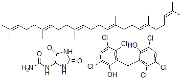 CAS#: 132316-37-1， (2,5-Dioxo-4-imidazolidinyl)urea mixt. with (all-E)-2,6,10,15,19,23-hexamethyl-2,6,10,14,18,22-tetracosahexaene and 2,2'-methylenebis(3,4,6-trichlorophenol)