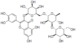 CAS 登录号：134953-93-8， 3-[(2S,3R,4S,5R,6R)-6-[[(2R,3R,4R,5S,6S)-3,5-二羟基-6-甲基-4-[(2S,3R,4S,5S,6R)-3,4,5-三羟基-6-(羟基甲基)四氢吡喃-2-基]氧基四氢吡喃-2-基]氧基甲基]-3,4,5-三羟基四氢吡喃-2-基]氧基-2-(3,4-二羟基苯基)-5,7-二羟基苯并吡喃-4-酮