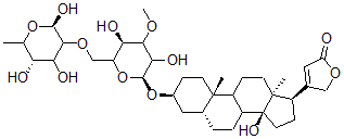 CAS 登录号：33279-55-9， 4-[(3S,5R,10S,13R,14S,17R)-3-[(2S,5R)-3,5-二羟基-4-甲氧基-6-[[(2R,5S)-2,4,5-三羟基-6-甲基四氢吡喃-3-基]氧基甲基]四氢吡喃-2-基]氧基-14-羟基-10,13-二甲基-1,2,3,4,5,6,7,8,9,11,12,15,16,17-十四氢环戊烯并[a]菲-17-基]-5H-呋喃-2-酮