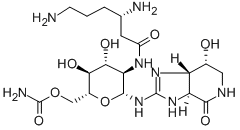 CAS 登录号：3808-42-2， [(2R,3R,4S,5R,6R)-6-[[(3aS,7R,7aS)-7-羟基-4-氧代-1,3a,5,6,7,7a-六氢咪唑并[4,5-c]吡啶-2-基]氨基]-5-[[(3S)-3,6-二氨基己酰基]氨基]-4-羟基-2-(羟基甲基)四氢吡喃-3-基] 氨基甲酸酯