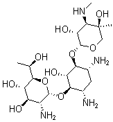 CAS 登录号：49863-47-0， (1S,2S,3R,4S,6R)-4,6-二氨基-3-{[(5R)-2-氨基-2-脱氧-5-(1-羟基乙基)-alpha-D-吡喃木糖基]氧基}-2-羟基环己基 3-脱氧-4-C-甲基-3-(甲基氨基)-beta-L-阿拉伯糖吡喃糖苷