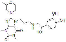 CAS 登录号：62402-02-2， 7-[3-[[2-(3,4-二羟基苯基)-2-羟基乙基]氨基]丙基]-8-(2-甲基吗啉基)茶碱