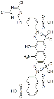 CAS 登录号：64253-81-2， 2-[[1-氨基-7-[[5-[(4,6-二氯-1,3,5-三嗪-2-基)氨基]-2-磺基苯基]偶氮]-8-羟基-3,6-二磺基-2-萘基]偶氮]萘-1,5-二磺酸