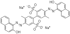 CAS 登录号：6472-50-0， 4,4'-二[2-(2-羟基-1-萘基)偶氮]-5,5'-二甲基-[1,1'-联苯]-2,2'-二磺酸钠盐(1:2)