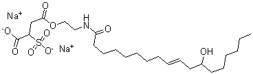 CAS 登录号：67893-42-9， 2-磺基-丁二酸 4-[2-[(12-羟基-1-氧代-9-十八碳烯-1-基)氨基]乙基]酯钠盐(1:2)