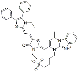 CAS 登录号：68758-82-7， 2-[[3-乙基-5-[(3-乙基-4,5-二苯基-(3H)-噻唑-2-亚基)亚乙基]-4-氧代噻唑烷-2-亚基]甲基]-4-甲基-1-(4-磺酸基丁基)嘧啶并[1,2-a]苯并咪唑鎓