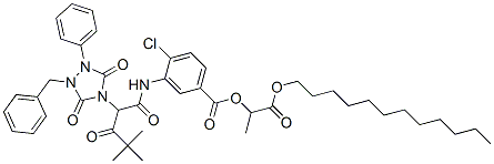 CAS 登录号：71297-15-9， 3-[2-(1-苄基-3,5-二氧代-2-苯基-1,2,4-三唑烷-4-基)-4,4-二甲基-3-氧代戊酰基氨基]-4-氯苯甲酸1-十二烷氧基碳基乙酯