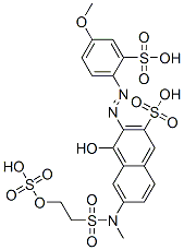 CAS 登录号：72269-56-8， 4-羟基-3-[(4-甲氧基-2-磺基苯基)偶氮]-6-[甲基[[2-(磺基氧基)乙基]磺酰基]氨基]-2-萘磺酸