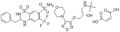 CAS 登录号：74335-22-1， 3,4-二氢-3-(苯基甲基)-6-(三氟甲基)-2H-1,2,4-苯并噻二嗪-7-磺酰胺1,1-二氧化物与(S)-1-((1,1-二甲基乙基)氨基)-3-((4-(4-吗啉基)-1,2,5-噻二唑-3-基)氧基)-2-丙醇(Z)-2-丁烯二酸酯的混合物
