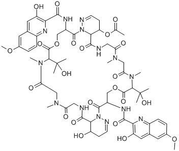 CAS 登录号：76149-24-1， (7S,16S,17S,27S,36S,37S,3R,23R)-1,8,11,14,20,21,28,31,34,40-十氮杂-3,23-二[(3-羟基-6-甲氧基(2-喹啉基))羰基氨基]-7,27-二(1-羟基-异丙基)-37-羟基-8,11,28,31-四甲基-5,25-二氧杂-2,6,9,12,15,22,26,29,32,35-十氧代三环[34.4.0.0<16,21>]四十碳-19,39-二烯-17-基乙酸酯