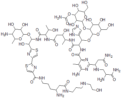 CAS 登录号：77368-64-0， [2-[2-[2-[[6-氨基-2-[3-氨基-1-[(2,3-二氨基-3-氧代丙基)氨基]-3-氧代丙基]-5-甲基嘧啶-4-羰基]氨基]-3-[[5-[[1-[[1-(5-氨基-3,4-二羟基-6-甲基四氢吡喃-2-基)氧基-2-[4-[4-[[4-氨基-6-[3-(2-羟基乙基氨基)丙基氨基]-6-氧代己基]氨基甲酰]-1,3-噻唑-2-基]-1,3-噻唑-2-基]-2-羟基乙基]氨基]-3-羟基-1-氧代丁烷-2-基]氨基]-3-羟基-5-氧代戊烷-2-基]氨基]-1-(3H-咪唑-4-基)-3-氧代丙氧基]-4,5-二羟基-6-(羟基甲基)四氢吡喃-3-基]氧基-3,5-二羟基-6-(羟基甲基)四氢吡喃-4-基]氨基甲酸酯