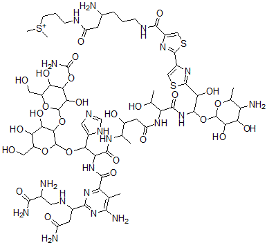 CAS 登录号：77368-65-1， 3-[[3-氨基-6-[[2-[2-[2-[[2-[[4-[[2-[[6-氨基-2-[3-氨基-1-[(2,3-二氨基-3-氧代丙基)氨基]-3-氧代丙基]-5-甲基嘧啶-4-羰基]氨基]-3-[3-[4-氨基甲酰氧基-3,5-二羟基-6-(羟基甲基)四氢吡喃-2-基]氧基-4,5-二羟基-6-(羟基甲基)四氢吡喃-2-基]氧基-3-(3H-咪唑-4-基)丙酰]氨基]-3-羟基戊烷酰基]氨基]-3-羟基丁酰基]氨基]-2-(5-氨基-3,4-二羟基-6-甲基四氢吡喃-2-基)氧基-1-羟基乙基]-1,3-噻唑-4-基]1,3-噻唑-4-羰基]氨基]己酰]氨基]丙基-二甲基锍