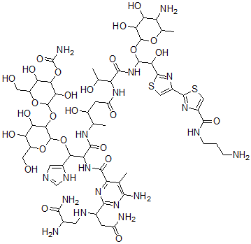 CAS 登录号：77368-73-1， [2-[2-[2-[[6-氨基-2-[3-氨基-1-[(2,3-二氨基-3-氧代丙基)氨基]-3-氧代丙基]-5-甲基嘧啶-4-羰基]氨基]-3-[[5-[[1-[[1-(5-氨基-3,4-二羟基-6-甲基四氢吡喃-2-基)氧基-2-[4-[4-(3-氨基丙基氨基甲酰)-1,3-噻唑-2-基]-1,3-噻唑-2-基]-2-羟基乙基]氨基]-3-羟基-1-氧代丁烷-2-基]氨基]-3-羟基-5-氧代戊烷-2-基]氨基]-1-(3H-咪唑-4-基)-3-氧代丙氧基]-4,5-二羟基-6-(羟基甲基)四氢吡喃-3-基]氧基-3,5-二羟基-6-(羟基甲基)四氢吡喃-4-基]氨基甲酸酯