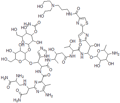 CAS 登录号：77368-79-7， [2-[2-[2-[[6-氨基-2-[3-氨基-1-[(2,3-二氨基-3-氧代丙基)氨基]-3-氧代丙基]-5-甲基嘧啶-4-羰基]氨基]-3-[[5-[[1-[[1-(5-氨基-3,4-二羟基-6-甲基四氢吡喃-2-基)氧基-2-[4-[4-[3-(二(2-羟基乙基)氨基)丙基氨基甲酰]-1,3-噻唑-2-基]-1,3-噻唑-2-基]-2-羟基乙基]氨基]-3-羟基-1-氧代丁烷-2-基]氨基]-3-羟基-5-氧代戊烷-2-基]氨基]-1-(3H-咪唑-4-基)-3-氧代丙氧基]-4,5-二羟基-6-(羟基甲基)四氢吡喃-3-基]氧基-3,5-二羟基-6-(羟基甲基)四氢吡喃-4-基]氨基甲酸酯