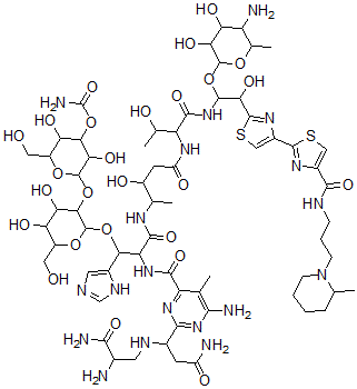 CAS 登录号：77368-81-1， [2-[2-[2-[[6-氨基-2-[3-氨基-1-[(2,3-二氨基-3-氧代丙基)氨基]-3-氧代丙基]-5-甲基嘧啶-4-羰基]氨基]-3-[[5-[[1-[[1-(5-氨基-3,4-二羟基-6-甲基四氢吡喃-2-基)氧基-2-羟基-2-[4-[4-[3-(2-甲基哌啶-1-基)丙基氨基甲酰]-1,3-噻唑-2-基]-1,3-噻唑-2-基]乙基]氨基]-3-羟基-1-氧代丁烷-2-基]氨基]-3-羟基-5-氧代戊烷-2-基]氨基]-1-(1H-咪唑-5-基)-3-氧代丙氧基]-4,5-二羟基-6-(羟基甲基)四氢吡喃-3-基]氧基-3,5-二羟基-6-(羟基甲基)四氢吡喃-4-基]氨基甲酸酯