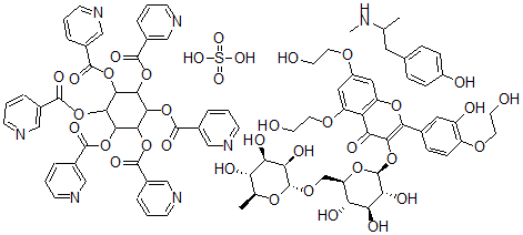 CAS#: 78920-51-1， myo-Inositol, hexa-3-pyridinecarboxylate, mixt. with 3-((6-O-(6-deoxy-alpha-L-mannopyranosyl)-beta-D-glucopyranosyl)oxy)-2-(3,4-dihydroxyphenyl)-5,7-dihydroxy-4H-1-benzopyran-4-one tris(2-hydroxyethyl) ether and 4-(2-(methylamino)propyl)phenol sulfate (1:1) (salt)