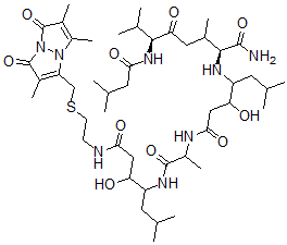 CAS 登录号:80562-33-0, 5-((3S,4S)-3-羟基-6-甲基-N-(2-(((2,5,6-三甲基-1,7-二氧代-1H,7H-吡唑并(1,2-a)吡唑-3-基)甲基)硫代)乙基)-4-氨基庚酰胺)-抑肽素A