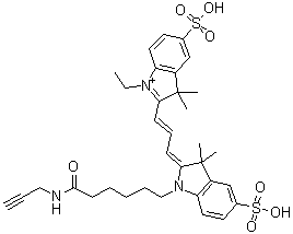 2-[3-[1,3-Dihydro-3,3-dimethyl-1-[6-oxo-6-(2-propyn-1-ylamino)hexyl]-5-sulfo-2H-indol-2-ylidene]-1-propen-1-yl]-1-ethyl-3,3-dimethyl-5-sulfo-3H-indolium molecular structure (CAS 1010386-62-5)
