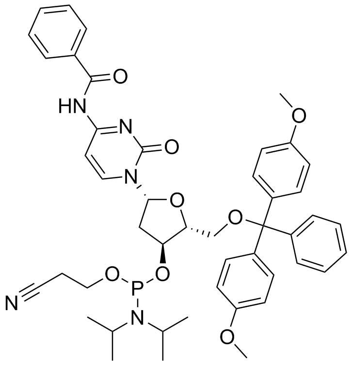 5'-O-(4,4'-Dimethoxytrityl)-N4-benzoyl-2'-deoxycytidine-3'-(2-cyanoethyl-N,N-diisopropyl)phosphoramidite molecular structure (CAS 102212-98-6)