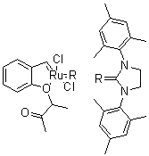 [1,3-Bis(2,4,6-trimethylphenyl)-2-imidazolidinylidene]dichloro[[2-(1-methyl-2-oxopropoxy)phenyl]methylene]ruthenium molecular structure (CAS 1031262-71-1)
