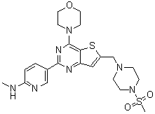 N-Methyl-5-[4-(morpholin-4-yl)-6-[(4-methylsulfonylpiperazin-1-yl)methyl]thieno[3,2-d]pyrimidin-2-yl]pyridin-2-amine molecular structure (CAS 1032754-86-1)