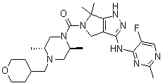 [(2S,5R)-2,5-二甲基-4-[(四氢-2H-吡喃-4-基)甲基]-1-哌嗪基][3-[(5-氟-2-甲基-4-嘧啶基)氨基]-4,6-二氢-6,6-二甲基吡咯并[3,4-c]吡唑-5(1H)-基]甲酮分子结构 (CAS 1046787-18-1)