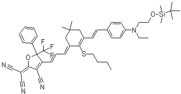 2-[4-[(1E,3E)-3-[2-(Butylthio)-3-[(1E)-2-[4-[[2-[[(1,1-dimethylethyl)dimethylsilyl]oxy]ethyl]ethylamino]phenyl]ethenyl]-5,5-dimethyl-2-cyclohexen-1-ylidene]-1-propen-1-yl]-3-cyano-5-phenyl-5-(trifluoromethyl)-2(5H)-furanylidene]-propanedinitrile molecular structure (CAS 1048688-63-6)