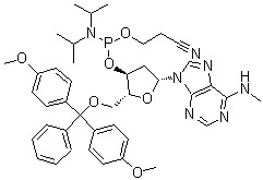 5'-O-[Bis(4-methoxyphenyl)phenylmethyl]-2'-deoxy-N-methyladenosine 3'-[2-cyanoethyl bis(1-methylethyl)phosphoramidite] molecular structure (CAS 105931-58-6)