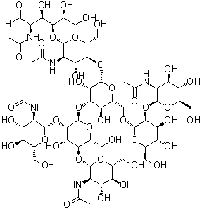 O-2-(乙酰氨基)-2-脱氧-beta-D-吡喃葡萄糖基-(1→2)-O-alpha-D-甘露糖基-(1→6)-O-[O-2-(乙酰氨基)-2-脱氧-beta-D-吡喃葡萄糖基-(1→2)-O-[2-(乙酰氨基)-2-脱氧-beta-D-吡喃葡萄糖基-(1→4)]-alpha-D-甘露糖基-(1→3)]-O-beta-D-甘露糖基-(1→4)-O-2-(乙酰氨基)-2-脱氧-beta-D-吡喃葡萄糖基-(1→4)-2-(乙酰氨基)-2-脱氧-D-葡萄糖分子结构 (CAS 110387-63-8)