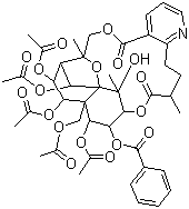 structure of CAS# 11088-09-8, Wilforine;(8R,9R,10R,11S,12S,13R,14R,15S,18S,21S,22S,23R)-10,13,22,23-Tetrakis(acetyloxy)-12-[(acetyloxy)methyl]-14-(benzoyloxy)-7,8,9,10,12,13,14,15,19,20-decahydro-21-hydroxy-8,18,21-trimethyl-8,11-epoxy-9,12-ethano-11,15-methano-5H,11H-[1,9]dioxacyclooctadecino[4,3-b]pyridine-5,17(18H)-dione