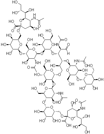 O-(N-Acetyl-alpha-neuraminosyl)-(2→6)-O-beta-D-galactopyranosyl-(1→4)-O-2-(acetylamino)-2-deoxy-beta-D-glucopyranosyl-(1→2)-O-alpha-D-mannopyranosyl-(1→3)-O-[O-(N-acetyl-alpha-neuraminosyl)-(2→6)-O-beta-D-galactopyranosyl-(1→4)-O-2-(acetylamino)-2-deoxy-beta-D-glucopyranosyl-(1→2)-alpha-D-mannopyranosyl-(1→6)]-O-beta-D-mannopyranosyl-(1→4)-O-2-(acetylamino)-2-deoxy-beta-D-glucopyranosyl-(1→4)-2-(acetylamino)-2-deoxy-D-glucose molecular structure (CAS 1125602-44-9)