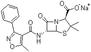 structure of CAS# 1173-88-2, Oxacillin sodium salt;(2S,5R,6R)-3,3-Dimethyl-6-[(5-methyl-3-phenyl-1,2-oxazole-4-carbonyl)amino]-7-oxo-4-thia-1-azabicyclo[3.2.0]heptane-2-carboxylic acid sodium salt