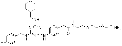 N-[2-[2-(2-Aminoethoxy)ethoxy]ethyl]-4-[[4-[(cyclohexylmethyl)amino]-6-[[(4-fluorophenyl)methyl]amino]-1,3,5-triazin-2-yl]amino]benzeneacetamide molecular structure (CAS 1177827-73-4)
