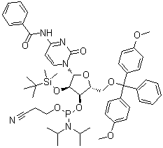 N4-苯甲酰基-5'-O-(4,4'-二甲氧基三苯甲基)-2'-O-叔丁基二甲基硅烷基)胞苷 3'-O-[O-(2-氰基乙基)-N,N'-二异丙基氨基亚磷酸酯]分子结构 (CAS 118380-84-0)