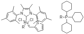 Tricyclohexylphosphine[4,5-dimethyl-1,3-bis(2,4,6-trimethylphenyl)imidazol-2-ylidene][2-thienylmethylene]ruthenium(II) dichloride molecular structure (CAS 1190427-50-9)