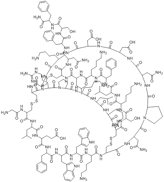 结构式 CAS# 1209500-46-8, H-甘氨酰-DL-半胱氨酰(1)-DL-亮氨酰-DL-谷氨酰-DL-苯丙氨酰-DL-色氨酰-DL-色氨酰-DL-赖氨酰-DL-半胱氨酰(2)-DL-天冬氨酰胺酰-DL-脯氨酰-DL-天冬氨酰胺酰-DL-天冬氨酰-DL-天冬氨酰-DL-赖氨酰-DL-半胱氨酰(3)-DL-半胱氨酰(1)-DL-精氨酰-DL-脯氨酰-DL-赖氨酰-DL-亮氨酰-DL-赖氨酰-DL-半胱氨酰(2)-DL-丝氨酰-DL-赖氨酰-DL-亮氨酰-DL-苯丙氨酰-DL-赖氨酰-DL-亮氨酰-DL-半胱氨酰(3)-DL-天冬氨酰胺酰-DL-苯丙氨酰-DL-丝氨酰-DL-苯丙氨酰胺
