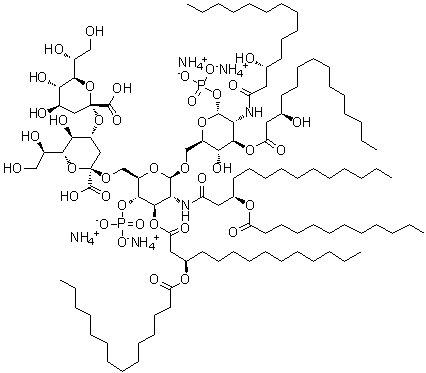 O-3-Deoxy-alpha-D-altro-2-octulopyranosonosyl-(2→4)-O-3-deoxy-alpha-D-altro-2-octulopyranosonosyl-(2→6)-O-2-deoxy-2-[[(3R)-1-oxo-3-[(1-oxododecyl)oxy]tetradecyl]amino]-3-O-[(3R)-1-oxo-3-[(1-oxotetradecyl)oxy]tetradecyl]-4-O-phosphono-beta-D-glucopyranosyl-(1→6)-2-deoxy-2-[[(3R)-3-hydroxy-1-oxotetradecyl]amino]-alpha-D-glucopyranose 1-(dihydrogen phosphate) 3-[(3R)-3-hydroxytetradecanoate] ammonium salt (1:4) molecular structure (CAS 1246298-62-3)