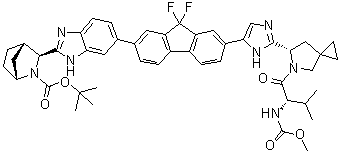 (1R,3S,4S)-3-[6-[9,9-Difluoro-7-[2-[(6S)-5-[(2S)-2-[(methoxycarbonyl)amino]-3-methyl-1-oxobutyl]-5-azaspiro[2.4]hept-6-yl]-1H-imidazol-5-yl]-9H-fluoren-2-yl]-1H-benzimidazol-2-yl]-2-azabicyclo[2.2.1]heptane-2-carboxylic acid 1,1-dimethylethyl ester molecular structure (CAS 1256393-27-7)