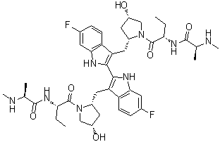 structure of CAS# 1260251-31-7, Birinapant;(2S,2'S)-N,N'-[(6,6'-Difluoro[2,2'-bi-1H-indole]-3,3'-diyl)bis[methylene[(2R,4S)-4-hydroxy-2,1-pyrrolidinediyl][(1S)-1-ethyl-2-oxo-2,1-ethanediyl]]]bis[2-(methylamino)-propanamide; TL 32711
