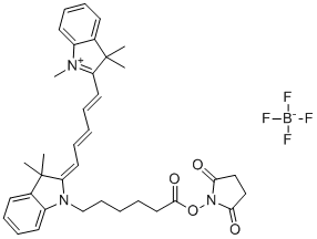 (2,5-dioxopyrrolidin-1-yl) 6-[(2E)-3,3-dimethyl-2-[(2E,4E)-5-(1,3,3-trimethylindol-1-ium-2-yl)penta-2,4-dienylidene]indol-1-yl]hexanoate tetrafluoroborate molecular structure (CAS 1263093-76-0)