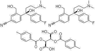 结构式 CAS# 128173-53-5, D-DTTA 盐; (-)-4-[4-二甲氨基-1-(4-氟苯基)-1-羟基丁基]-3-羟甲基苯腈 D-(+)-二对甲苯甲酰酒石酸盐 (2:1)