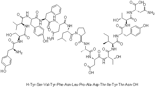 L-酪氨酰-L-丝氨酰-L-缬氨酰-L-酪氨酰-L-苯丙氨酰-L-天冬氨酰胺酰-L-亮氨酰-L-脯氨酰-L-丙氨酰-L-alpha-天冬氨酰-L-苏氨酰-L-异亮氨酰-L-酪氨酰-L-苏氨酰-L-天冬酰胺分子结构 (CAS 1330060-96-2)