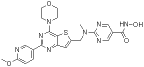 N-Hydroxy-2-[[[2-(6-methoxypyridin-3-yl)-4-(morpholin-4-yl)thieno[3,2-d]pyrimidin-6-yl]methyl](methyl)amino]pyrimidine-5-carboxamide molecular structure (CAS 1339928-25-4)