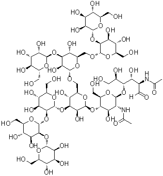 O-alpha-D-甘露糖基-(1→2)-O-alpha-D-甘露糖基-(1→2)-O-alpha-D-甘露糖基-(1→3)-O-[O-alpha-D-甘露糖基-(1→2)-O-alpha-D-甘露糖基-(1→6)-O-[alpha-D-甘露糖基-(1→3)]-alpha-D-甘露糖基-(1→6)]-O-beta-D-甘露糖基-(1→4)-O-2-(乙酰氨基)-2-脱氧-beta-D-吡喃葡萄糖基-(1→4)-2-(乙酰氨基)-2-脱氧-D-葡萄糖(碳-13标记)分子结构 (CAS 1361121-69-8)