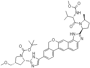 (2S,4S)-2-[5-[1,11-Dihydro-2-[(2S,5S)-1-[(2S)-2-[(methoxycarbonyl)amino]-3-methyl-1-oxobutyl]-5-methyl-2-pyrrolidinyl][2]benzopyrano[4',3':6,7]naphth[1,2-d]imidazol-9-yl]-1H-imidazol-2-yl]-4-(methoxymethyl)-1-pyrrolidinecarboxylic acid 1,1-dimethylethyl ester molecular structure (CAS 1378391-45-7)
