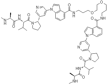 N,N'-[1,2-乙烷二基二(氧基-3,1-丙烷二基)]二[1-[5-[(2S)-1-(N-甲基-L-丙氨酰-L-缬氨酰)-2-吡咯烷基]-3-吡啶基]-1H-吲哚-4-甲酰胺分子结构 (CAS 1381992-68-2)